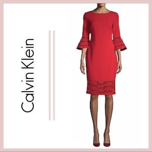 Calvin Klein Red Bell-Sleeve Sheath Dress with Mesh Hem Size 6 NWT